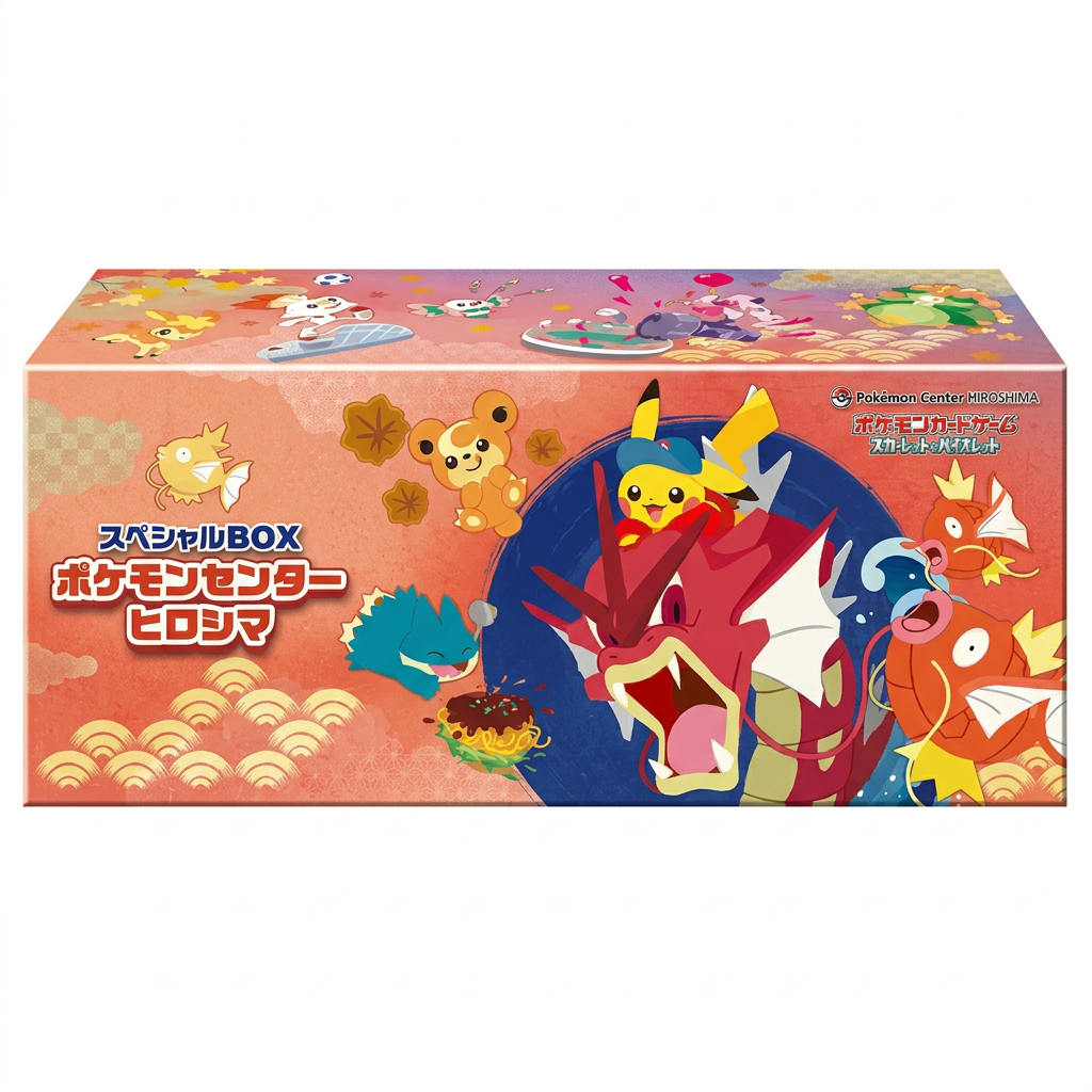 Pokémon Center Special Box Hiroshima volledig weergegeven op een witte vierkante achtergrond